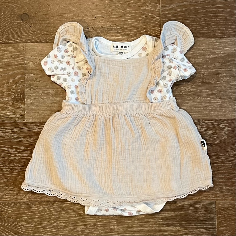 Baby Girl Outfit Dress Set Beige Floral Bodysuit Size 12 Months